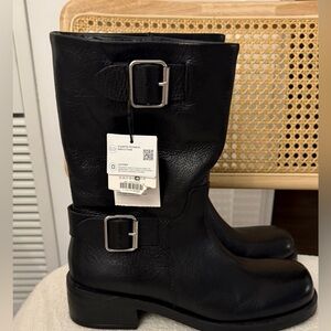 Zara Black Leather Boots with Buckles- NEW